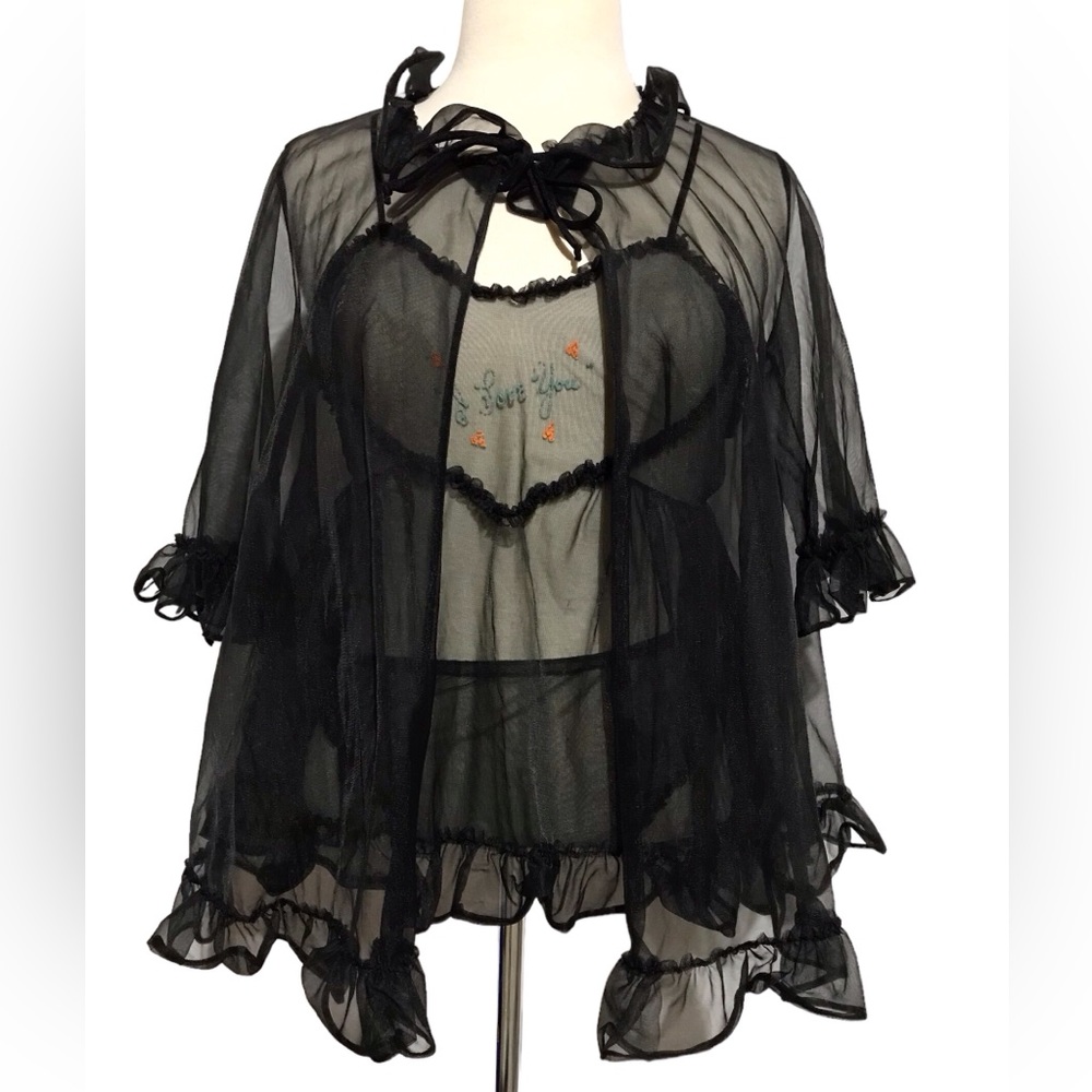 Fredericks Of Hollywood Medium Lingerie Set I LOVE YOU Babydoll Panty Robe Black
